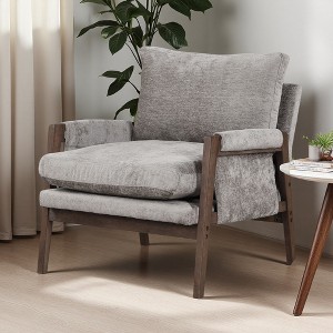 Velvet Mid-Century Accent Armchair with Padded Armrests and Rubberwood Frame - 1 of 4