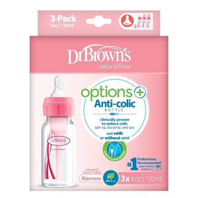Dr. Brown&#39;s 4oz Anti-Colic Options+ Narrow Baby Bottle with Level 1 Slow Flow Nipple - 3pk - Pink - 0m+