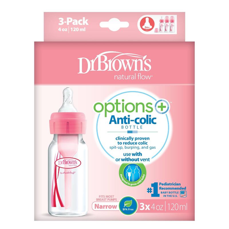 Dr. Brown&#39;s 4oz Anti-Colic Options+ Narrow Baby Bottle with Level 1 Slow Flow Nipple - 3pk - Pink - 0m+, 3 of 18