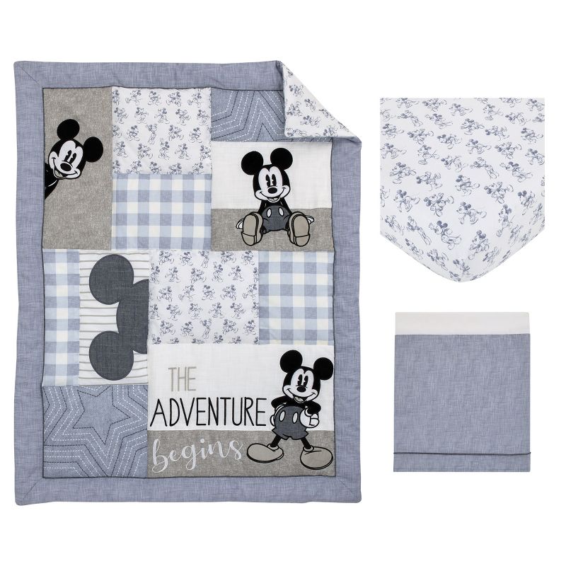 Disney Mickey Mouse - Call Me Mickey Blue, White, and Gray The Adventure Begins Stars and Gingham 3 Piece Nursery Crib Bedding Set, 5 of 8