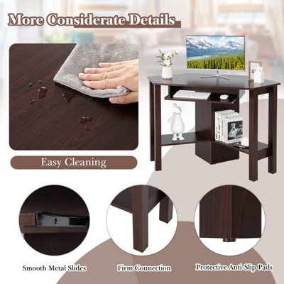 Compact Functional Brown Wood Corner Desk with Keyboard Tray and Drawer