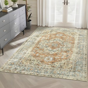 Decorative Vintage Area Rug for Kitchen Living Room - Distressed Retro Medallion Carpet, Soft Washable Non Slip Low Pile Non Shedding Thin Rug - 1 of 4