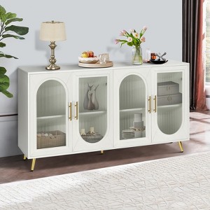 Modern TV Stand with Glass Doors and Adjustable Shelves, White Wood Entertainment Center for Living Room Bedroom White - 1 of 3