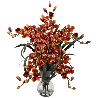 34" x 30" Artificial Cymbidium Orchid Arrangement in Glass Vase Red - Nearly Natural