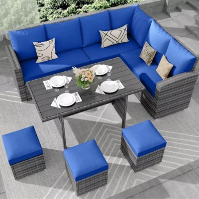 Whizmax 7-Piece Outdoor Sectional Sofa Set with Rattan Dining Table & Ottoman, Patio Furniture for Garden, Backyard