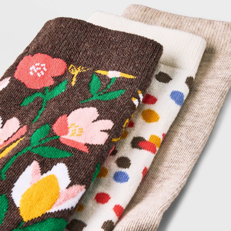 Women&#39;s 3pk Contemporary Floral Print Crew Socks - A New Day&#8482; Brown Heather/Ivory 4-10, 4 of 7