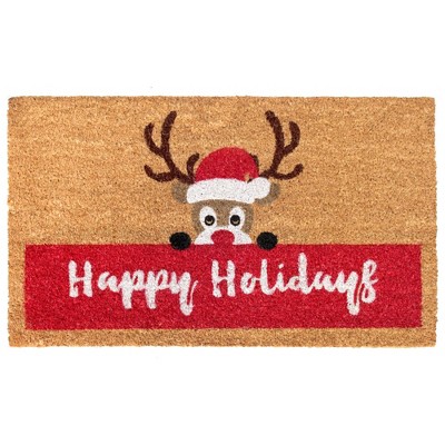 Raj 1'6" x 2'6" Tufted Happy Holidays Reindeer Doormat Red