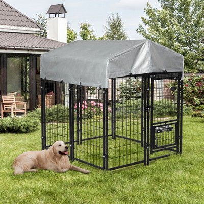 DOMETOUR Heavy Duty Dog House Dog Pen with Roof, Reversible Feeding Door, Stainless Steel Feeding Bowls for Small to Large Dogs Black