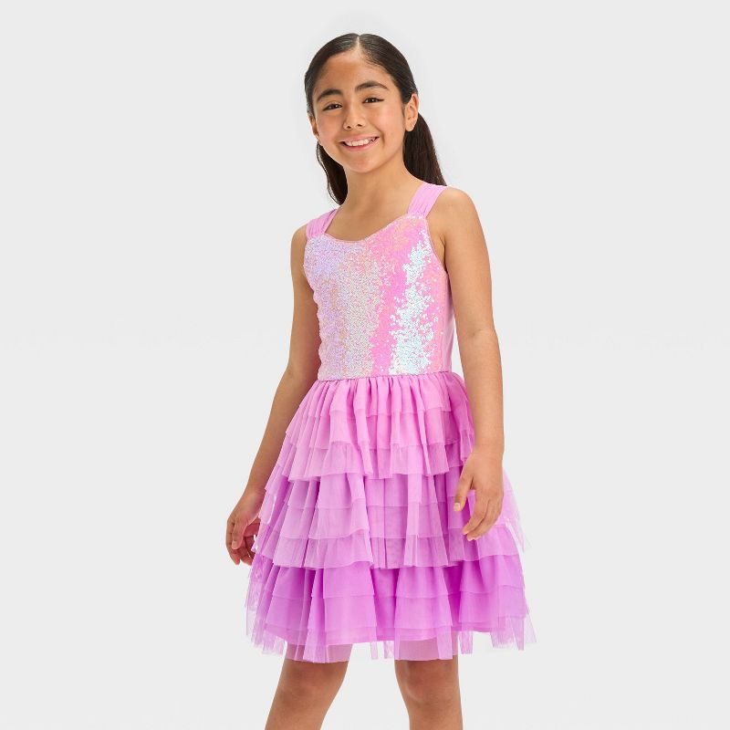 Girls&#39; Sleeveless Ombre Sequin Tiered Dress - Cat &#38; Jack&#8482; Lavender, 1 of 5