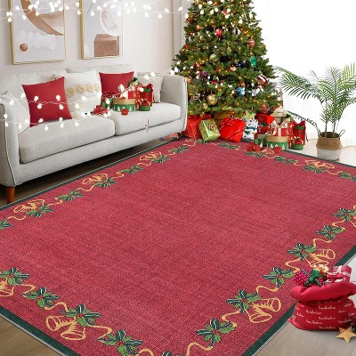 Christmas Area Rugs, Bells Holly Berry Ribbon Garland Traditions Throw Carpets for Living Room Bedroom Kitchen Dining Room Nursery Office