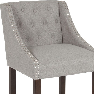 32" Light Gray Tufted Fabric Counter Stool with Walnut Wood Frame