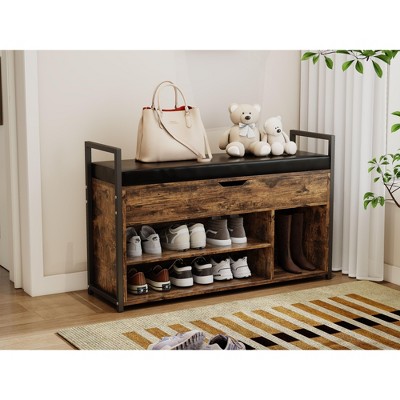 CAVINAS Storage Bench Shoe Rack with Lift Top 2 Tier Shoe Cabinet for Entryway