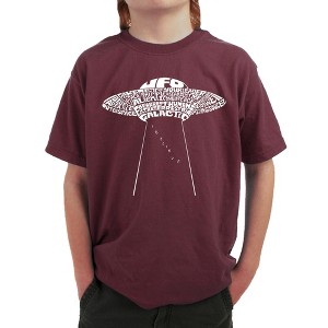 LA Pop Art Boy's Word Art T-shirt - Flying Saucer UFO Maroon Small - 1 of 4