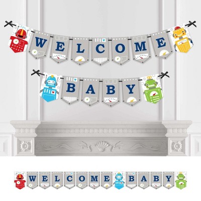 Big Dot of Happiness Gear Up Robots - Baby Shower Bunting Banner - Party Decorations - Welcome Baby