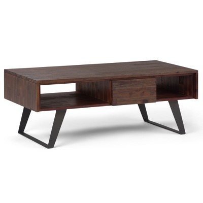 48" Solid Acacia Hardwood Coffee Table with Storage, Two Drawers and Open Compartments, Metal Angled Legs, Ideal for Living Room