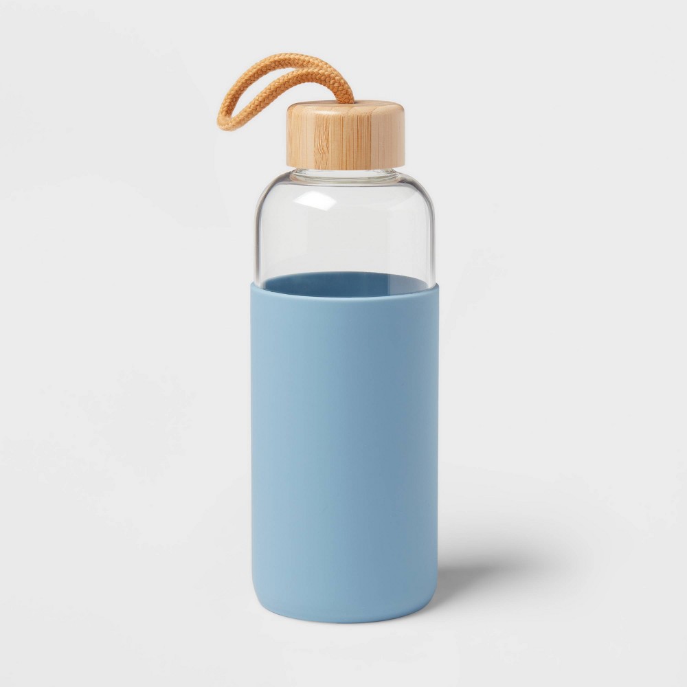 22oz Glass Water Bottle with Silicone Sleeve, Bamboo Lid and Carrying Loop Blue - Threshold