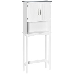 kleankin Modern Over The Toilet Storage Cabinet, Double Door Over Toilet Bathroom Organizer with Adjustable Shelf and Open Shelf, Gray - 1 of 4