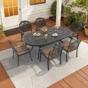 7-Piece Cast Aluminum Outdoor Dining Set: Oval Table, Stackable Chairs & Brown Cushions - All-Weather Patio Furniture for Your Backyard - 1 of 4