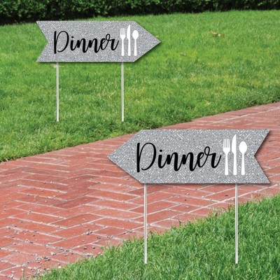 Big Dot of Happiness Silver Wedding Dinner Signs - Wedding Sign Arrow - Double Sided Directional Yard Signs - Set of 2 Dinner Signs