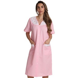 Dreamcrest Womens Short Sleeve Duster, Seersucker Gingham Housecoat Women Sleepwear Embroidered Snap Front Nightgown - 1 of 3