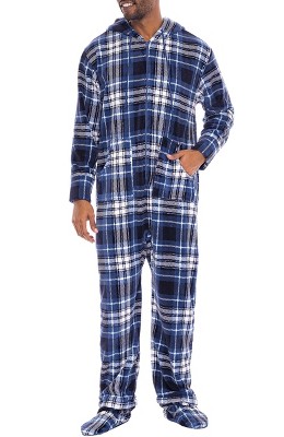 Adr Men's Hooded Footed Adult Onesie Pajamas Set, Plush Winter Pjs With  Hood Blue And White Plaid Large : Target