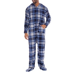 ADR Men's Plush Fleece One Piece Hooded Footed Zipper Pajamas Set, Soft Adult Jumpsuit PJs with Hood - 1 of 4