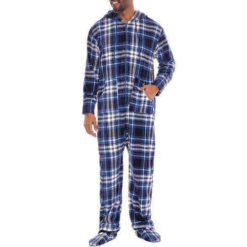 Adr Men's Hooded Footed Adult Onesie Pajamas Set, Plush Winter Pjs With  Hood Blue And White Plaid Large : Target