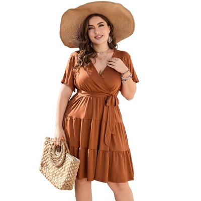 Clearlove Summer Plus Size V Neck Wrap Dress High Waisted Short Sleeves Summer Casual Midi Dress with Belt