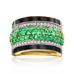 Ross-Simons 1.90 ct. t.w. Emerald and .50 ct. t.w. White Zircon Ring With Black Enamel in 18kt Gold Over Sterling - 1 of 4