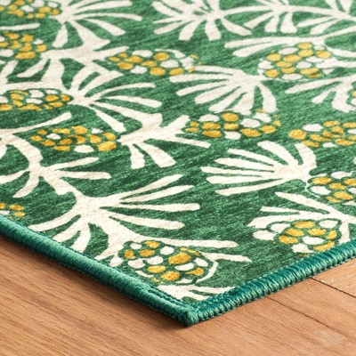 Winter Pinecones Green and White Synthetic Washable Rug 2x3