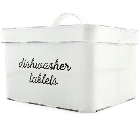 AuldHome Dishwasher Pod Holder, Tablet Container; White Enamelware Rustic  Kitchen Storage Tin with Lid