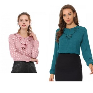 Allegra K Women's 2 Packs 1950s Vintage Ruffle Neck Long Sleeve Dots Chiffon Blouse X-Large Peacock Blue-Dots - 1 of 4