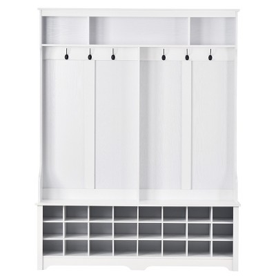 Vynxaria Stand Alone Black Modern Coat Rack: 6 Metal Hooks, 60 Inch Bench, 24 Shoe Storage Cubbies, Perfect for Bedroom Entrances and Porches