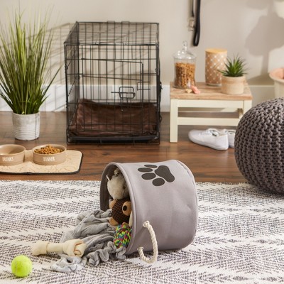 Gray Round Collapsible Pet Toy Storage Bin with Paw Print