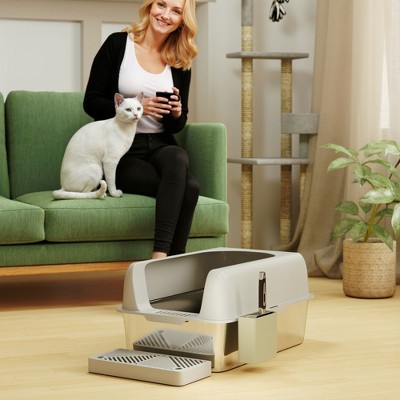 XL Gray Stainless Steel High-Sided Cat Litter Box with Scoop Holder