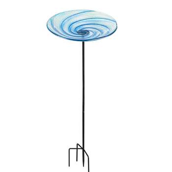 Evergreen 28"H Swirl Glass Stake Birdbath,  Blue- Fade and Weather Resistant Outdoor Decor for Homes, Yards and Gardens
