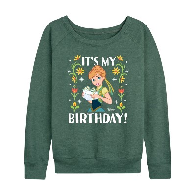 Women's - Disney - Anna It's My Birthday Lightweight French Terry Wide Neck Long Sleeve Shirt