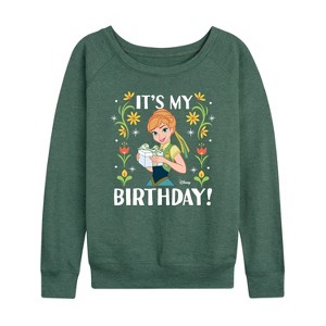 Women's - Disney - Anna It's My Birthday Lightweight French Terry Wide Neck Long Sleeve Shirt - 1 of 4