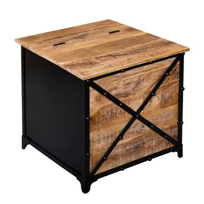 24" Rustic Mango Wood Trunk Storage Side End Table with Hinged Top Brown/Black - The Urban Port