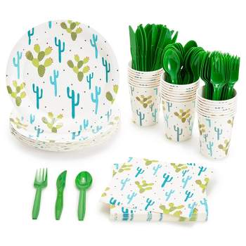 Juvale 144 Pieces Cactus Party Supplies with Desert Birthday Paper Plates, Napkins, Cups, and Cutlery (Serves 24)