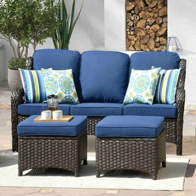XIZZI Wicker Patio Furniture Set with 3-Seat Sofa, Swivel Rocking Armchairs & Ottomans & Side Table, Modular Sectional Outdoor Conversation Sofa Set