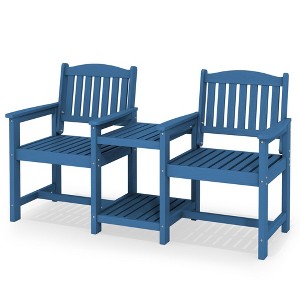 Hyleory HDPE Double Outdoor Chair with 2-Tier Side Table, Weather Resistant Patio Loveseat with Built-In Table - 1 of 4