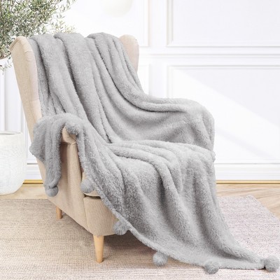 PAVILIA Fluffy Throw Blanket with Pompom, Lightweight Soft Plush Cozy Warm Pom Pom Fringe for Couch Sofa Bed