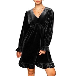 Whizmax Women's Velvet Dress Long Sleeve Cocktail Dress Party Club Dresses Flare Swing Midi Dress for Wedding Guest Black M - 1 of 4