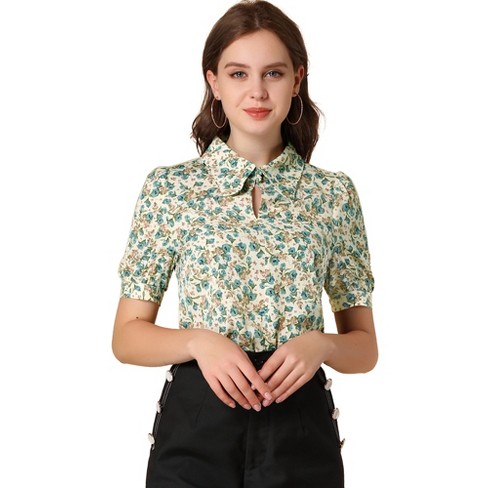 Allegra K Women's Vintage Floral Turndown Collar Split Neck Puff