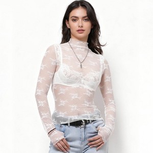 Women’s Floral Lace Slim-Fit Top – Sheer Stretch Tee with Baby Overlock Edge, Versatile Cherie Code - 1 of 4
