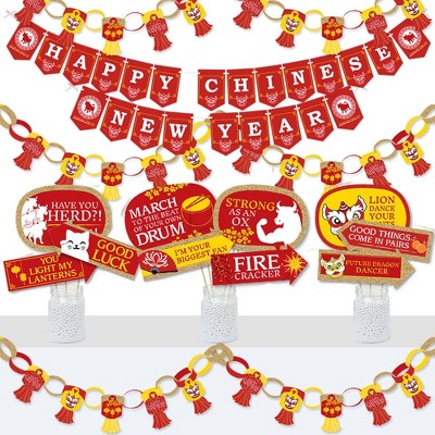 Big Dot of Happiness Chinese New Year - Banner and Photo Booth Decorations - 2021 Year of the Ox Party Supplies Kit - Doterrific Bundle