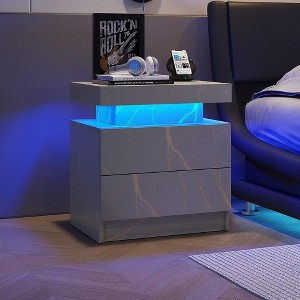 1 Piece Nightstand LED Bedside Table Cabinet with 2 End Side Drawers and Lights Modern  Gray+Silver - 1 of 4