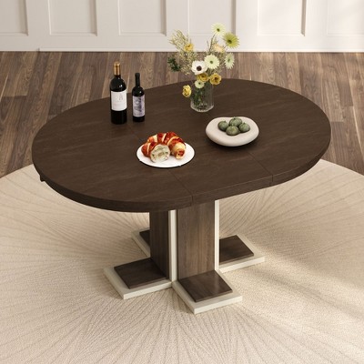 PAGED Extendable Dining Table Round Wood Kitchen Table with X-shaped Base, 42-58" Living Room Table, Seats Up to 6 People