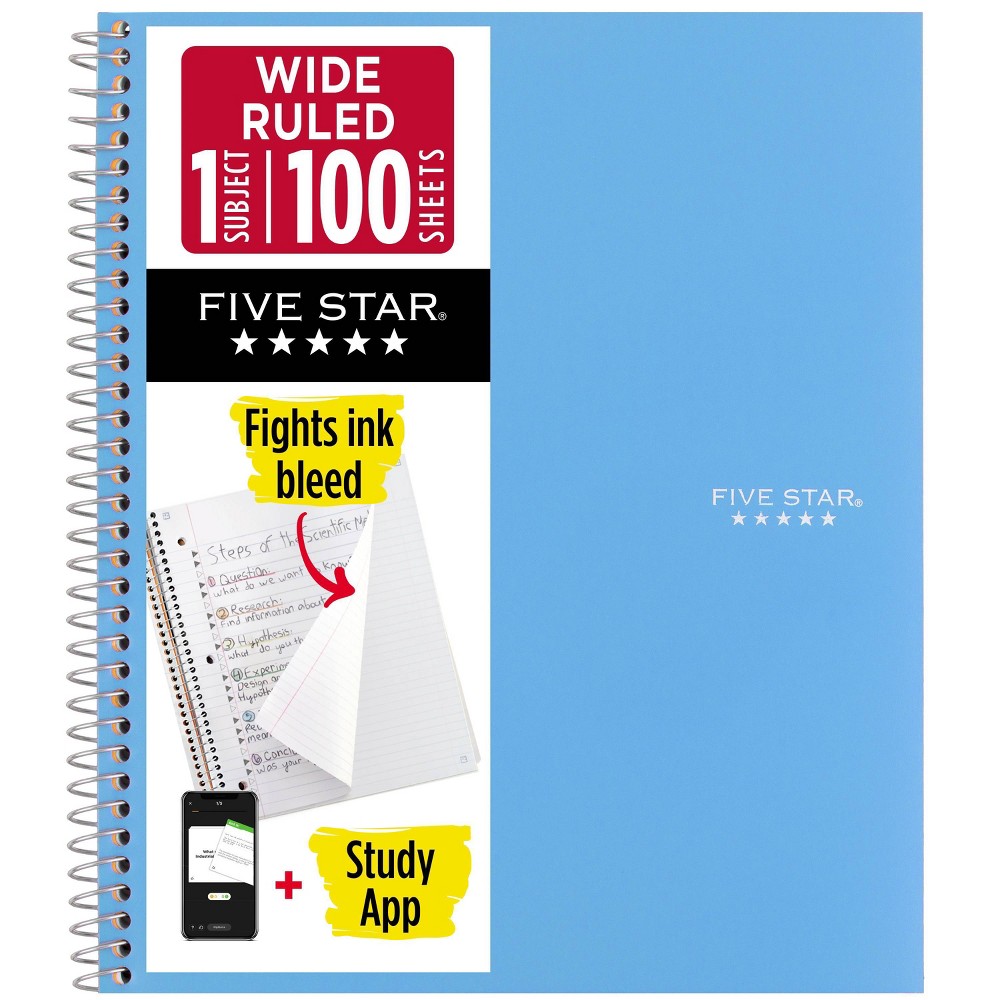 Five Star 8"x10.5" 1 Subject Wide Ruled Notebook Sky Blue 100 Pages